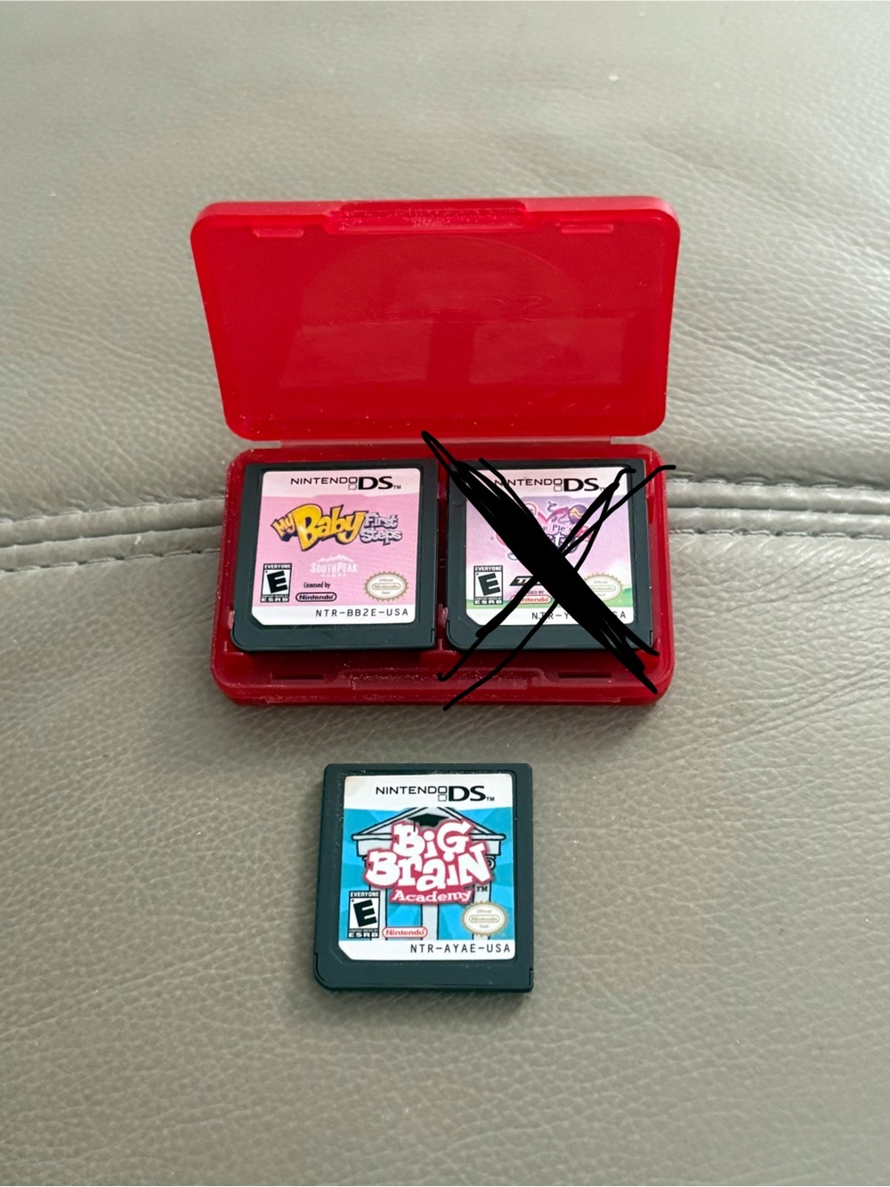 Nintendo DS Game Cartridge Set with Red Case and Pink & Blue Labels